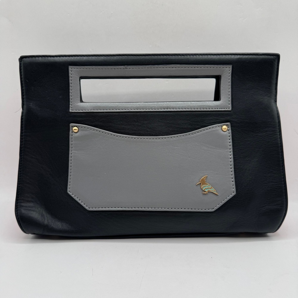 One Odd Bird Leather Clutch Women Medium Black Grey Red Cutout Handle Bag